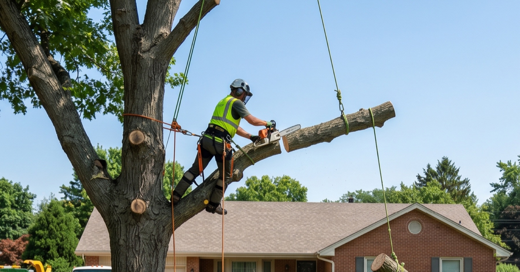 Arborist safely removing a large tree limb